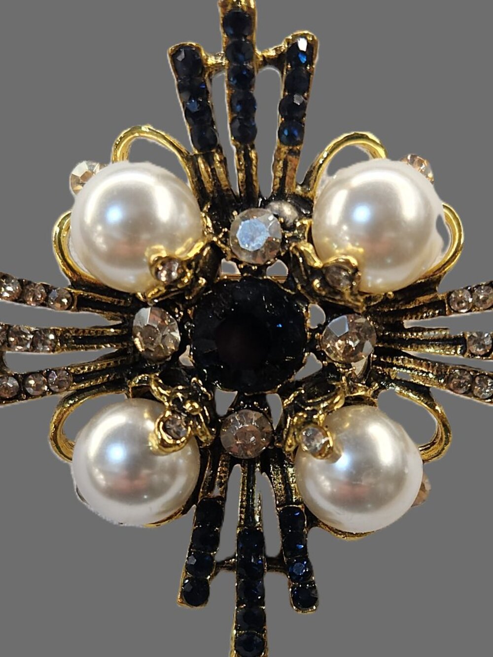 Deep BLUE, antiqued GOLD & PEARLS Cross BROOCH PIN by Ornaments NEW